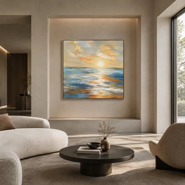 Dipinto a olio con paesaggi, paesaggi marini e paesaggi urbani dell'Espressionismo astratto, caratterizzato da un paesaggio atmosferico, una composizione ispirata al paesaggio marino o alla città in una tavolozza beige.