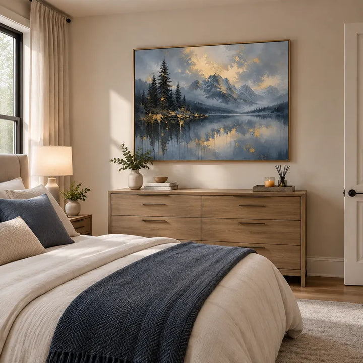Dipinto a olio con paesaggi, paesaggi marini e paesaggi urbani dell'Espressionismo astratto, caratterizzato da un paesaggio atmosferico, da un paesaggio marino o da una composizione ispirata alla città in una tavolozza blu.