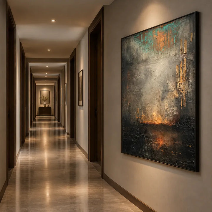 Abstract Expressionism abstract & conceptual oil painting featuring layered abstract marks, texture and expressive painterly movement in a grey palette.
