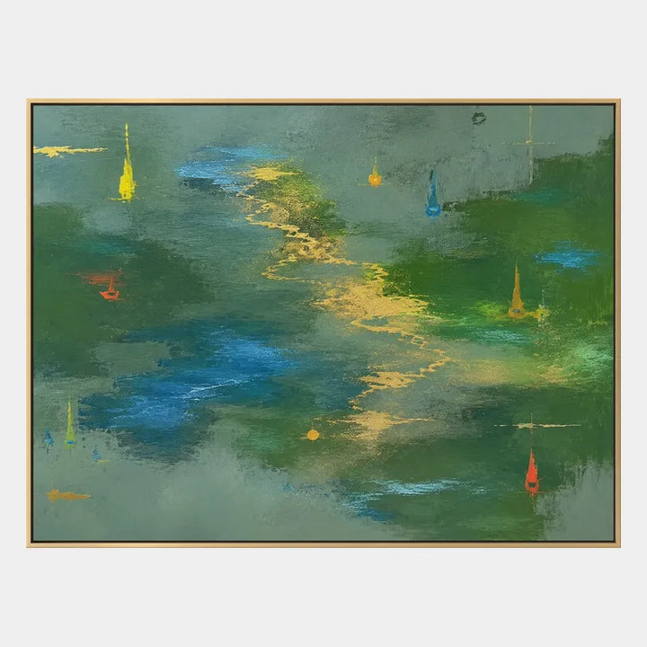 Espressionismo astratto Pittura a olio astratta e concettuale con segni astratti stratificati, consistenza e movimento pittorico espressivo in una tavolozza verde.