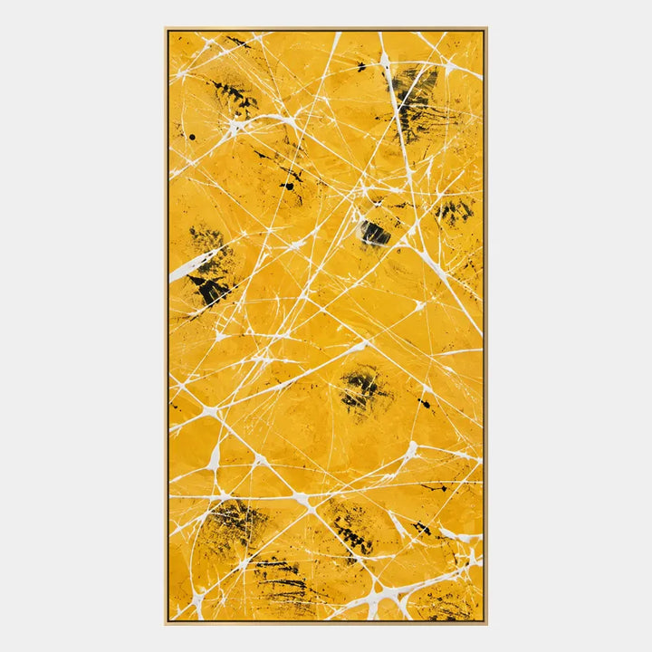 Espressionismo astratto Pittura a olio astratta e concettuale con segni astratti stratificati, consistenza e movimento pittorico espressivo in una tavolozza gialla.