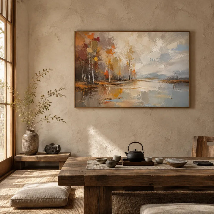 Dipinto a olio con paesaggi, paesaggi marini e paesaggi urbani dell'Espressionismo astratto, caratterizzato da un paesaggio atmosferico, una composizione ispirata al paesaggio marino o alla città in una tavolozza beige.