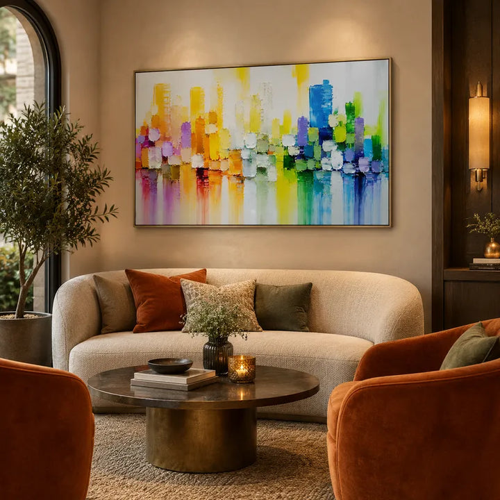 Peinture à l'huile abstraite et conceptuelle colorée présentant des marques abstraites superposées, une texture et un mouvement pictural expressif.