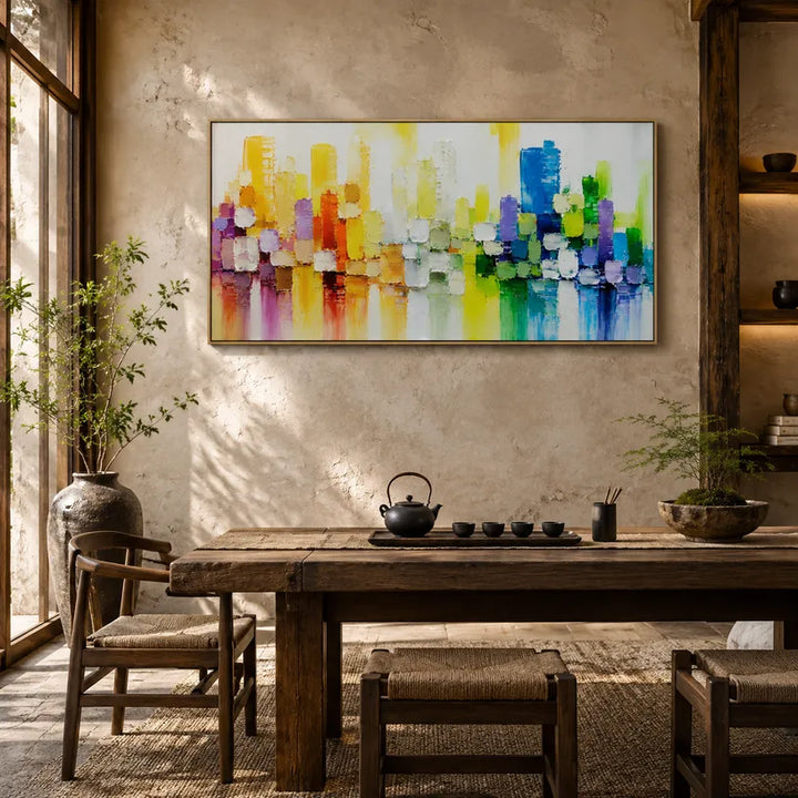 Peinture à l'huile abstraite et conceptuelle colorée présentant des marques abstraites superposées, une texture et un mouvement pictural expressif.