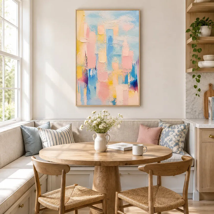 Peinture à l'huile abstraite et conceptuelle colorée présentant des marques abstraites superposées, une texture et un mouvement pictural expressif.