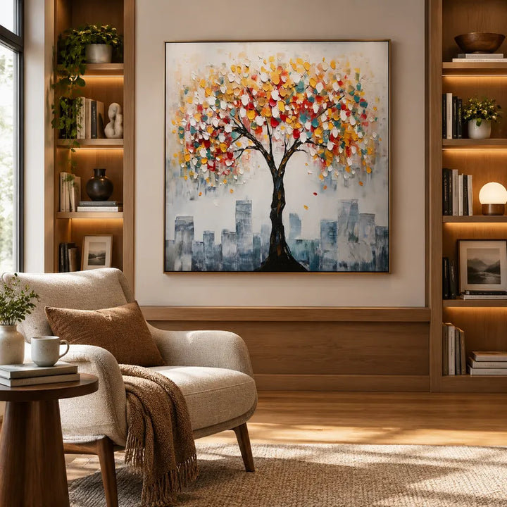 Peinture à l'huile florale/botanique et naturelle colorée présentant des formes botaniques, des fleurs ou des éléments naturels dans une composition picturale.