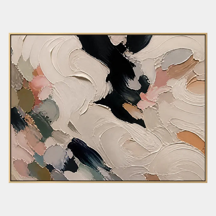 Peinture à l'huile abstraite et conceptuelle colorée présentant des marques abstraites superposées, une texture et un mouvement pictural expressif dans une palette beige.