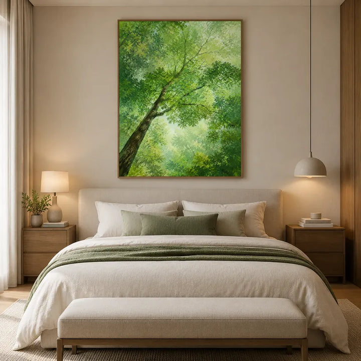 Peinture à l'huile expressionniste florale/botanique et nature présentant des formes botaniques, des fleurs ou des éléments naturels dans une composition picturale dans une palette verte.