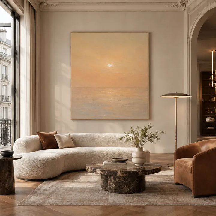 Peinture à l'huile de paysages, de marines et de paysages urbains expressionnistes présentant un paysage atmosphérique, un paysage marin ou une composition inspirée de la ville dans une palette beige.