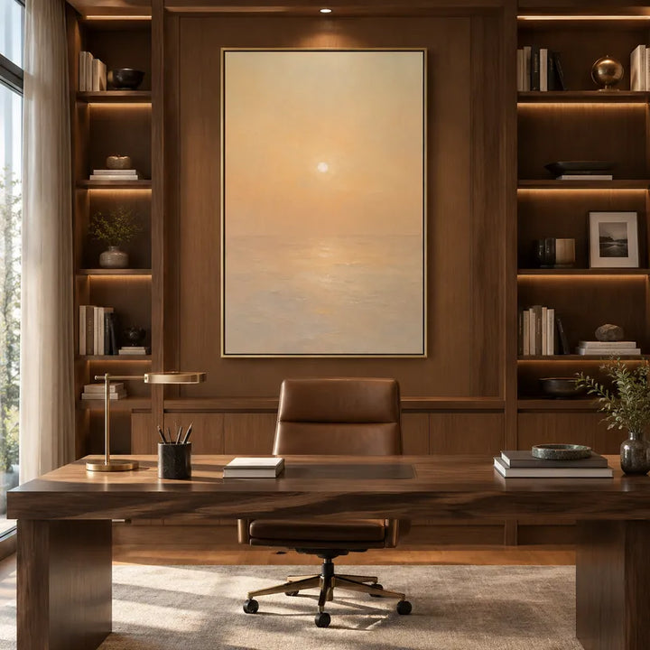 Peinture à l'huile de paysages, de marines et de paysages urbains expressionnistes présentant un paysage atmosphérique, un paysage marin ou une composition inspirée de la ville dans une palette beige.