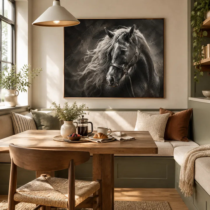 Peinture à l'huile d'animaux expressionnistes représentant un sujet animal expressif rendu avec un pinceau visible dans une palette noir et blanc.