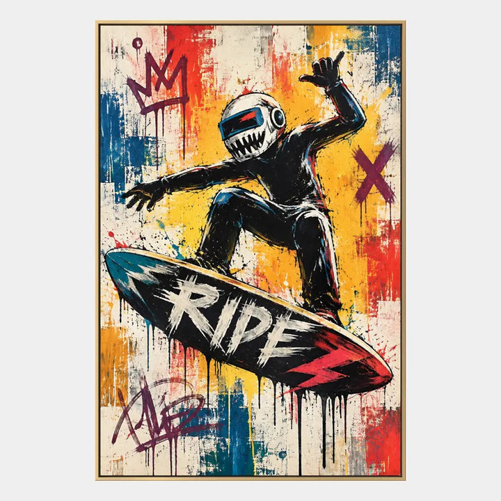Peinture à l'huile de dessin animé graffiti présentant un sujet graphique ludique avec des détails picturaux vivants dans une palette jaune.