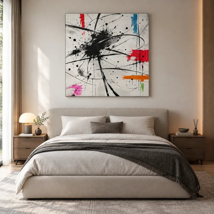 Peinture à l'huile abstraite et conceptuelle de graffitis présentant des marques abstraites superposées, une texture et un mouvement pictural expressif dans une palette noir et blanc.