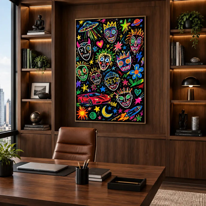 Peinture à l'huile de dessin animé graffiti présentant un sujet graphique ludique avec des détails picturaux vivants.