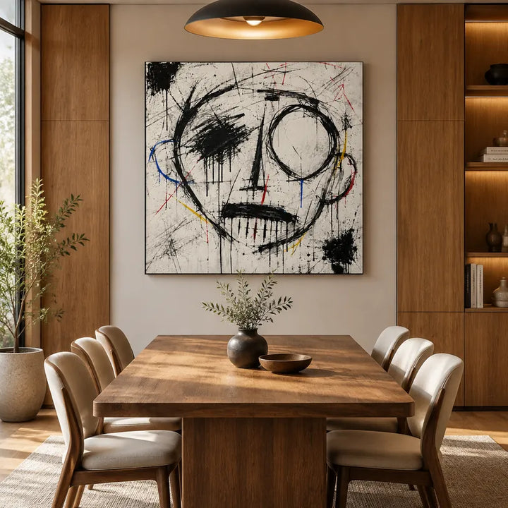 Portrait graffiti et peinture à l'huile représentant une figure ou un portrait expressif rendu avec des détails picturaux dans une palette noir et blanc.