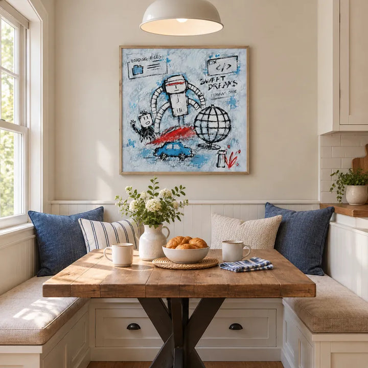Peinture à l'huile de dessin animé graffiti présentant un sujet graphique ludique avec des détails picturaux vivants dans une palette bleue.