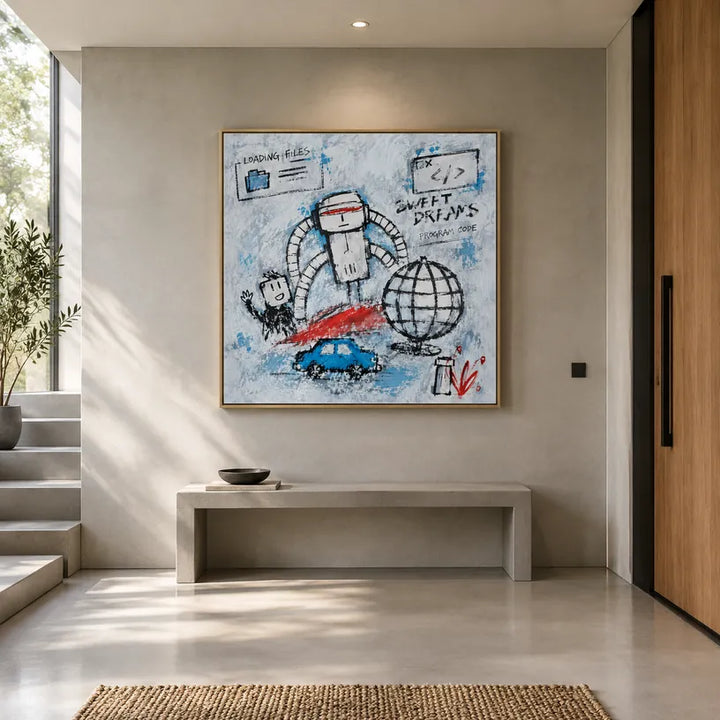Peinture à l'huile de dessin animé graffiti présentant un sujet graphique ludique avec des détails picturaux vivants dans une palette bleue.