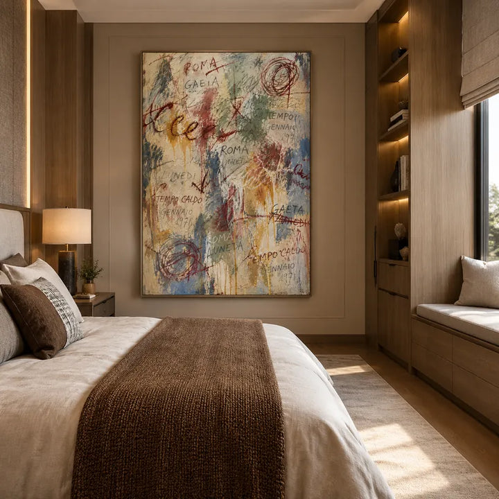 Peinture à l'huile abstraite et conceptuelle graffiti présentant des marques abstraites superposées, une texture et un mouvement pictural expressif dans une palette beige.