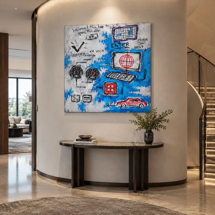 Peinture à l'huile abstraite et conceptuelle de graffitis présentant des marques abstraites superposées, une texture et un mouvement pictural expressif dans une palette bleue.