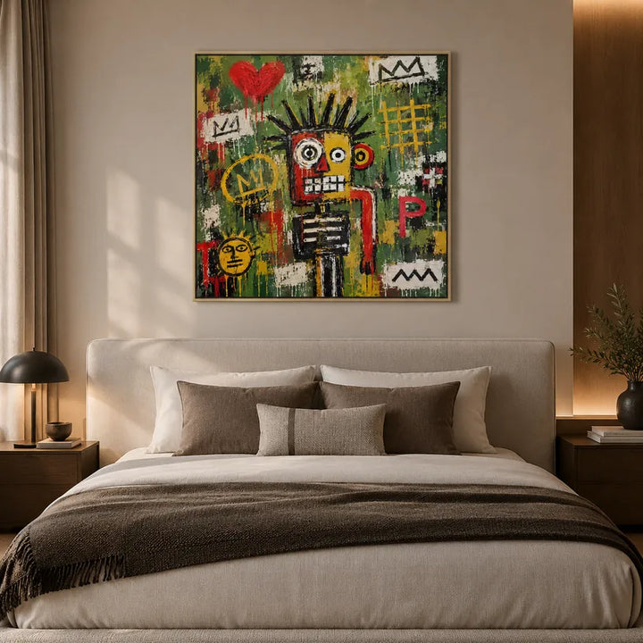 Peinture à l'huile de dessin animé graffiti présentant un sujet graphique ludique avec des détails picturaux vivants dans une palette verte.