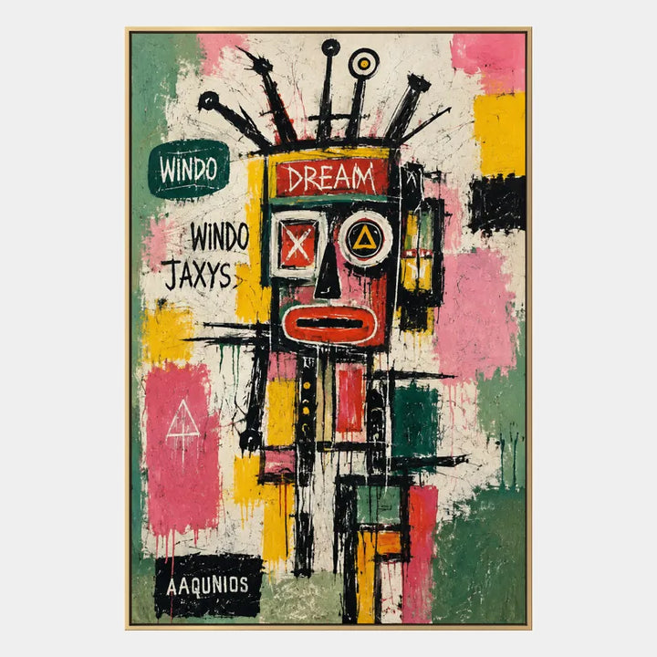 Peinture à l'huile abstraite et conceptuelle graffiti présentant des marques abstraites superposées, une texture et un mouvement pictural expressif dans une palette beige.