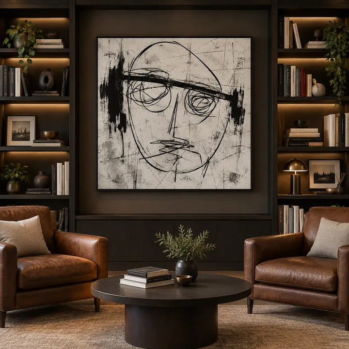 Portrait graffiti et peinture à l'huile représentant une figure ou un portrait expressif rendu avec des détails picturaux dans une palette noir et blanc.