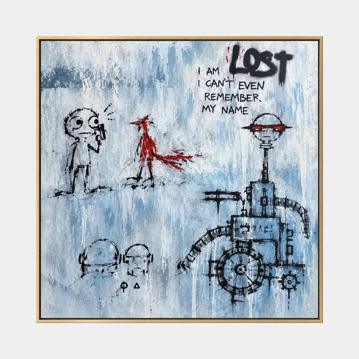 Peinture à l'huile de dessin animé graffiti présentant un sujet graphique ludique avec des détails picturaux vivants dans une palette bleue.