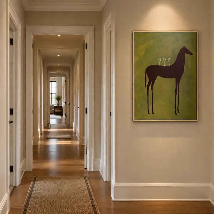 Mid-Century Modern animals oil painting featuring an expressive animal subject rendered with visible brushwork in a green palette.
