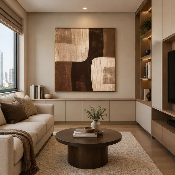 Mid-Century Modern abstract & conceptual oil painting featuring layered abstract marks, texture and expressive painterly movement in a brown palette.