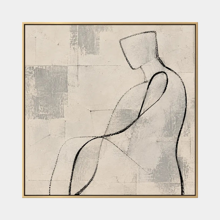 Retrato minimalista y pintura al óleo de figuras que presentan una figura o un retrato expresivo con detalles pictóricos en una paleta beige.