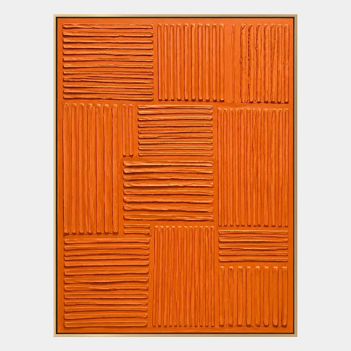 Pintura al óleo minimalista abstracta y conceptual que presenta marcas abstractas en capas, textura y movimiento pictórico expresivo en una paleta naranja.