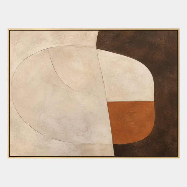 Pintura al óleo minimalista abstracta y conceptual que presenta marcas abstractas en capas, textura y movimiento pictórico expresivo en una paleta beige.