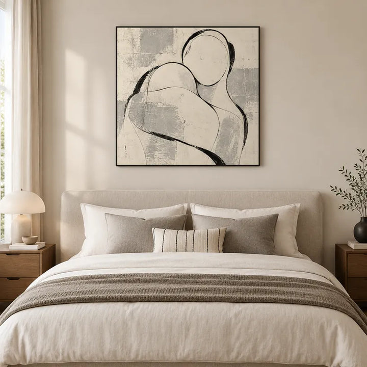 Retrato minimalista y pintura al óleo de figuras que presentan una figura o un retrato expresivo con detalles pictóricos en una paleta beige.