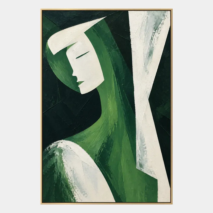 Retrato minimalista y pintura al óleo de figuras que presentan una figura o un retrato expresivo representado con detalles pictóricos en una paleta verde.