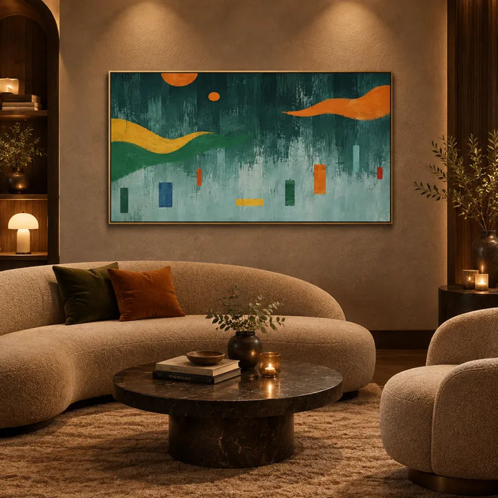 Pintura al óleo minimalista abstracta y conceptual que presenta marcas abstractas en capas, textura y movimiento pictórico expresivo en una paleta verde.