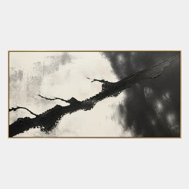 Pintura al óleo minimalista abstracta y conceptual que presenta marcas abstractas en capas, textura y movimiento pictórico expresivo en una paleta de blanco y negro.