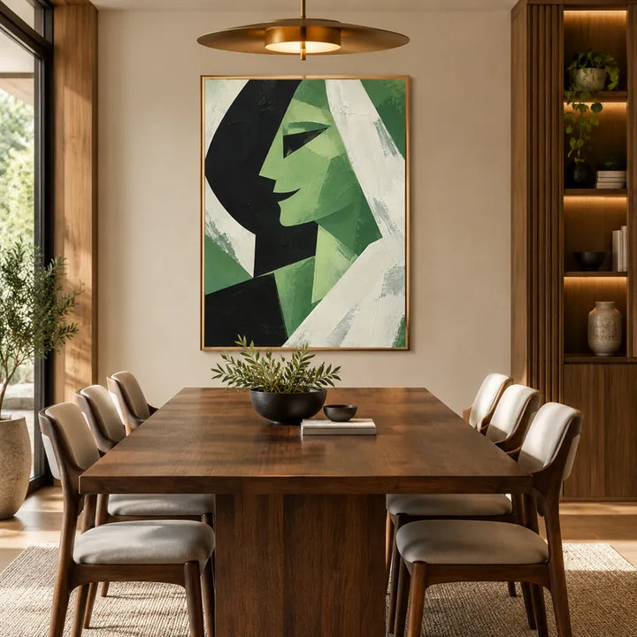 Retrato minimalista y pintura al óleo de figuras que presentan una figura o un retrato expresivo representado con detalles pictóricos en una paleta verde.