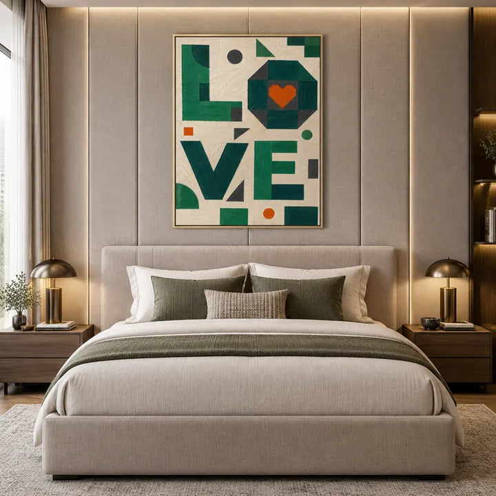 Pintura al óleo de amor minimalista que presenta un tema romántico expresado a través de formas y colores pictóricos en una paleta beige.