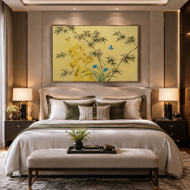 Modernes Blumen-/Pflanzen- und Naturölgemälde von Ukiyo-E mit botanischen Formen, Blumen oder natürlichen Elementen in einer malerischen Komposition in einer gelben Palette.