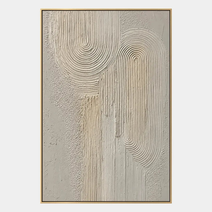 Plaster & Texture abstract & conceptual oil painting featuring layered abstract marks, texture and expressive painterly movement in a beige palette.