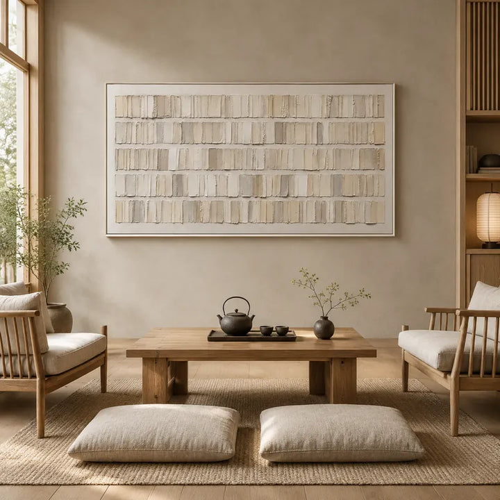Plaster & Texture abstract & conceptual oil painting featuring layered abstract marks, texture and expressive painterly movement in a beige palette.