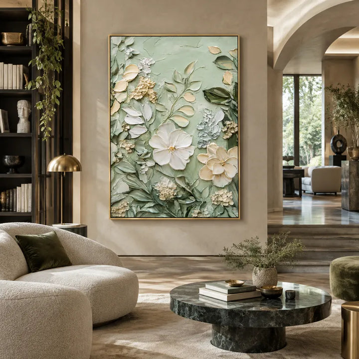 Plaster & Texture floral/botanicals & nature oil painting featuring botanical forms, flowers or natural elements in a painterly composition in a green palette.