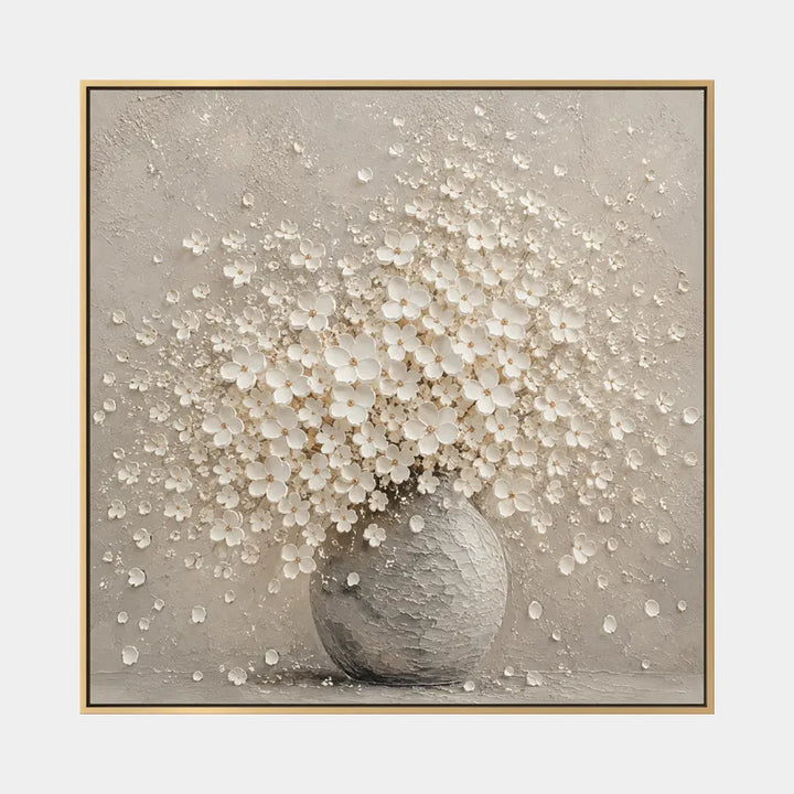Pittura a olio floreale/botanica e naturale in gesso e texture con forme botaniche, fiori o elementi naturali in una composizione pittorica in una tavolozza beige.