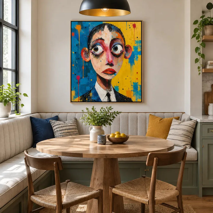 Peinture à l'huile de portraits et de figures pop représentant une figure ou un portrait expressif rendu avec des détails picturaux dans une palette bleue.