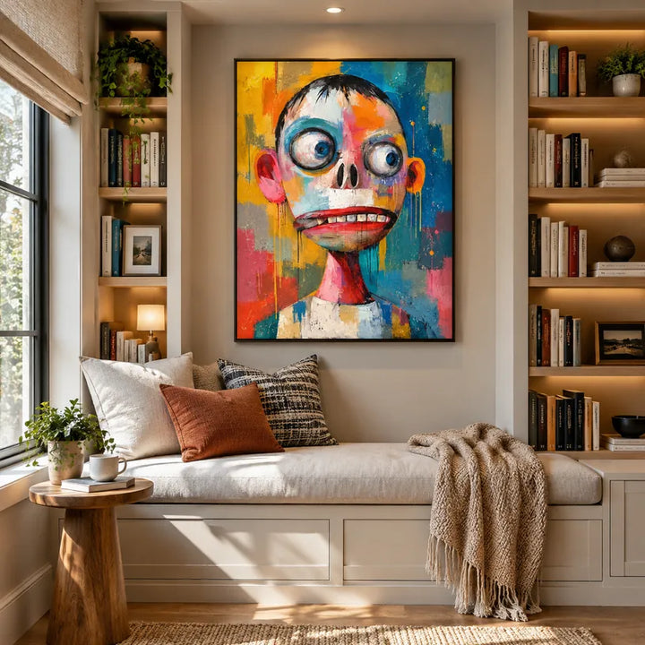 Peinture à l'huile de portraits et de figures pop représentant une figure ou un portrait expressif rendu avec des détails picturaux dans une palette bleue.
