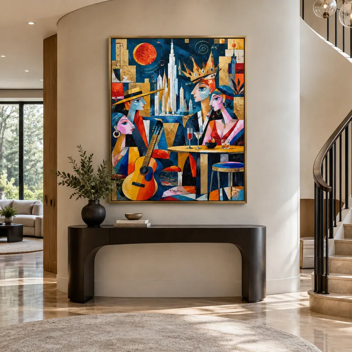 Peinture à l'huile de portraits et de figures pop représentant une figure ou un portrait expressif rendu avec des détails picturaux dans une palette bleue.