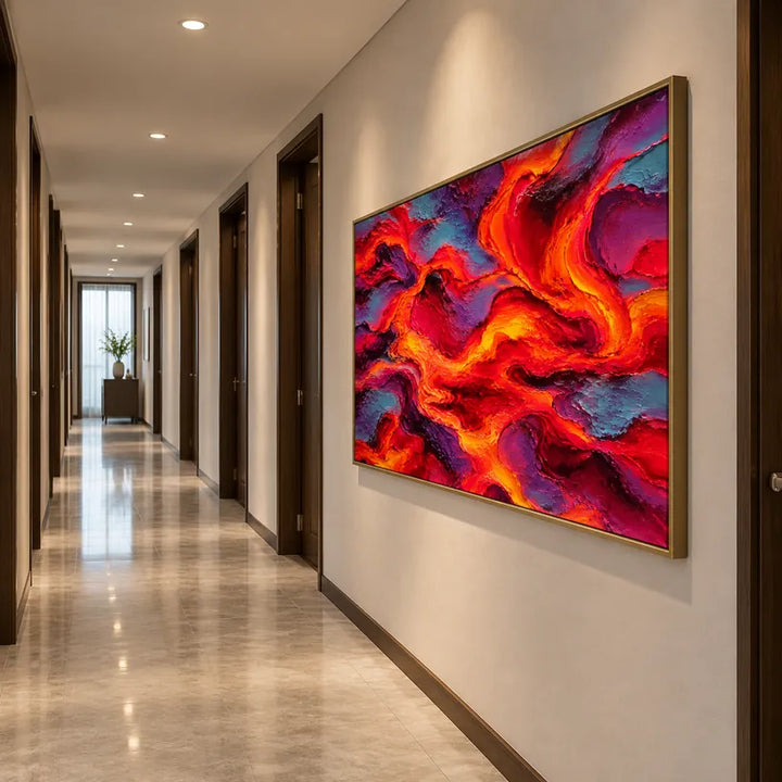 Peinture à l'huile abstraite et conceptuelle pop présentant des marques abstraites superposées, une texture et un mouvement pictural expressif dans une palette rouge.