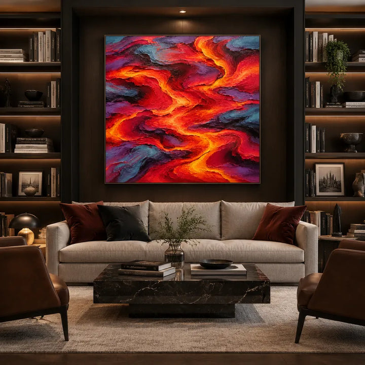 Peinture à l'huile abstraite et conceptuelle pop présentant des marques abstraites superposées, une texture et un mouvement pictural expressif dans une palette rouge.