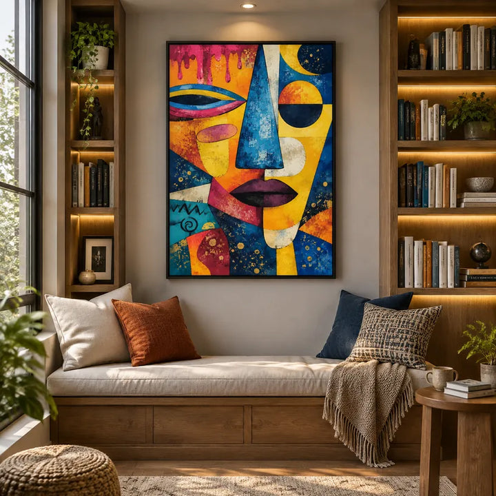 Peinture à l'huile de portraits et de figures pop représentant une figure ou un portrait expressif rendu avec des détails picturaux dans une palette bleue.