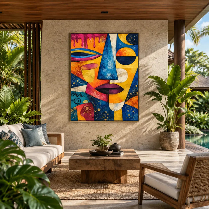 Peinture à l'huile de portraits et de figures pop représentant une figure ou un portrait expressif rendu avec des détails picturaux dans une palette bleue.